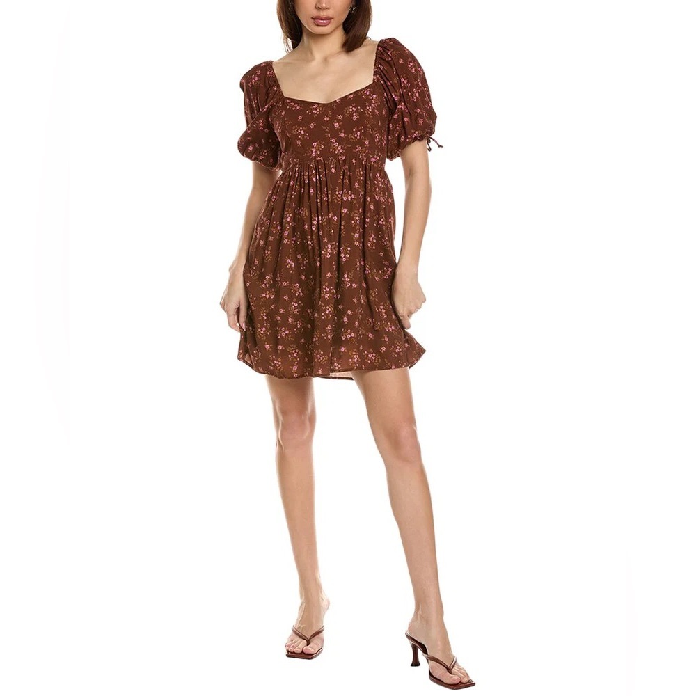 SALTWATER LUXE Sweetheart Brown Floral Bohemian Puff-Sleeve Mini Dress Sz XS
